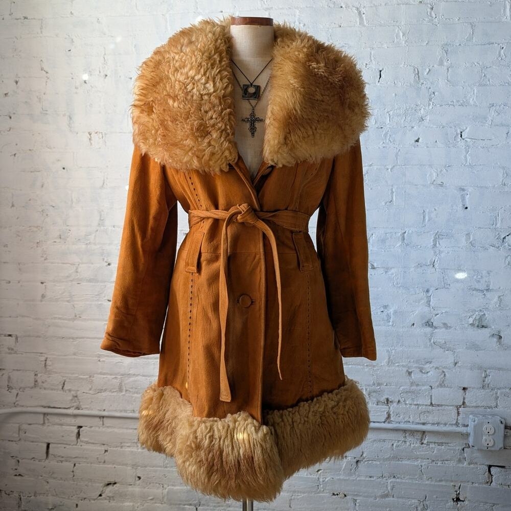 Vintage Orange Suede Penny Lane Jacket Leather Trench Coat Faux Fur Coat Large - Picture 1 of 12